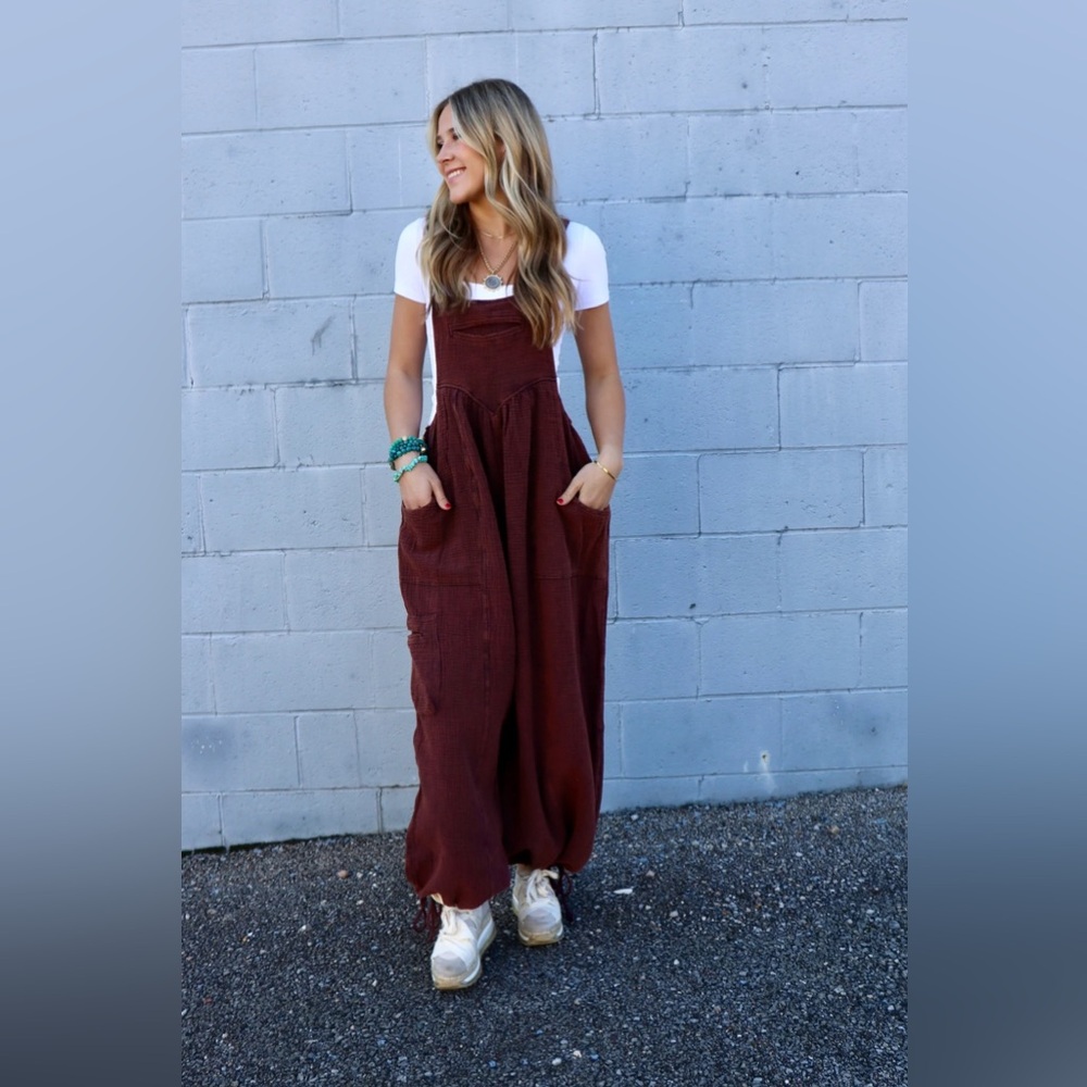 Easel - Gauze Boho Overall Jumpsuit - Maroon